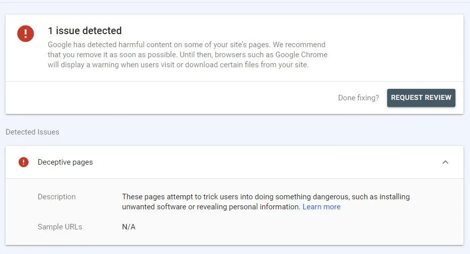 رفع خطای قرمز Deceptive Site Ahead در سرچ کنسول و مرورگر کروم